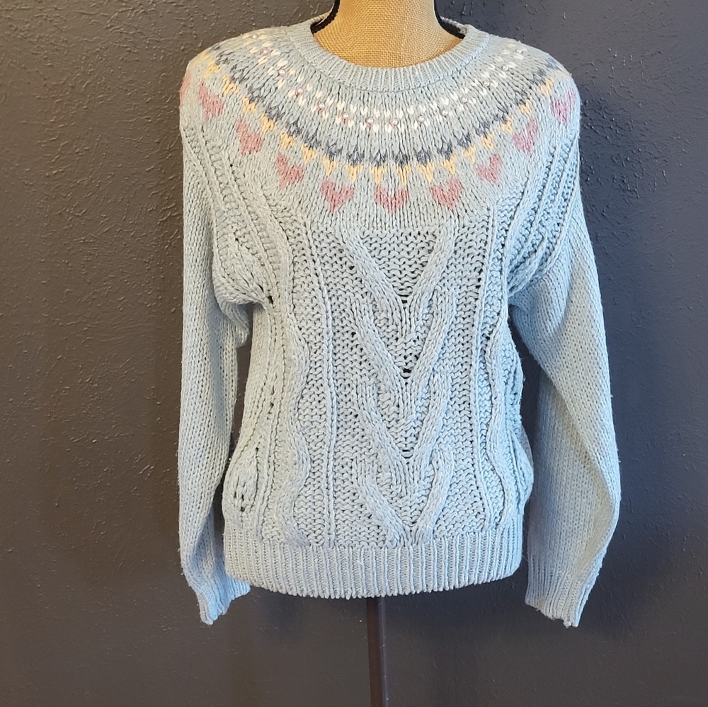 JJ. Fargo Cotton/Ramie Handknit Vintage 90s Pullover Sweater Medium Blue/Gray